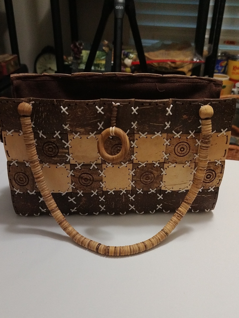 Handmade Coconut Shell Handbag Patchwork Purse Brown with White Stiching